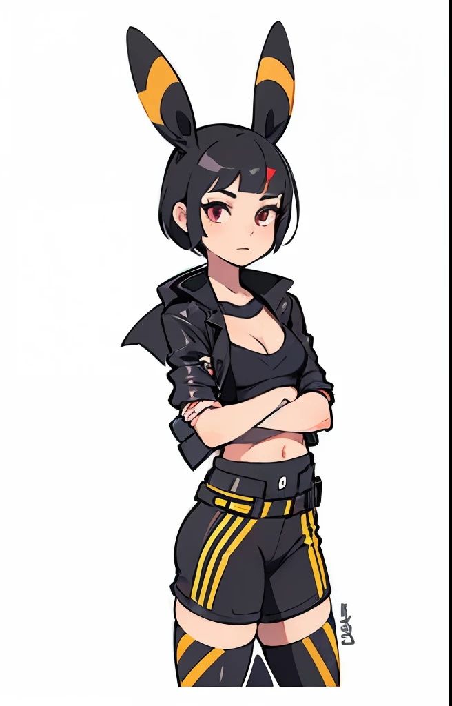 a muscular girl with black hair, umbreon ears, red eyes, wearing a black leather jacket open over a pink sports bra, black microskirt with leggins minishorts, slim waist, small breasts, pixie cut hairstyle, cinematic lighting, detailed face, highly detaile...