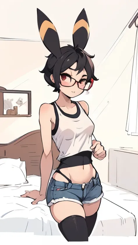 1 girl, small breasts, small hips, red eyes, black hair, tank top, denim unbotoned shorts, bedroom, thigh high stockings, petite, glasses, umbreon ears, thick thighs, short hair