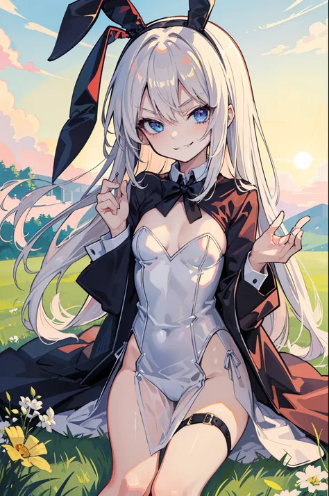 (best quality:1.2), (highest quality:1.2), (perfection:1.1), (flawless:1.1), grass field, 1girl, bunny girl, (drooping rabbit ears:1.1), (seductive look:1.1), (evil smirk:1.2), (loli:1.1), mediaeval style clothing, (amazing hair:1.1), small breasts, (best ...