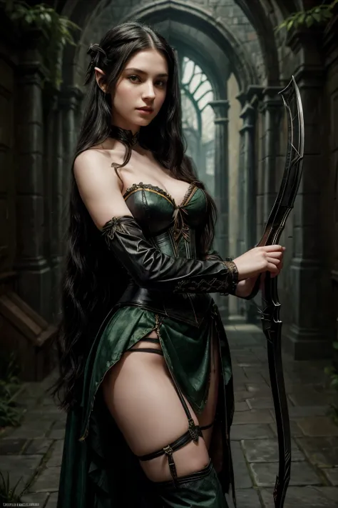 Sophisticated, Girl of fourteen, with long black hair, small pointed ears, pale skin, black corset, green skirt, fantasy art, character art, detailed character art, in the image of Anne-Sophia Robb, with a crossbow in his hands