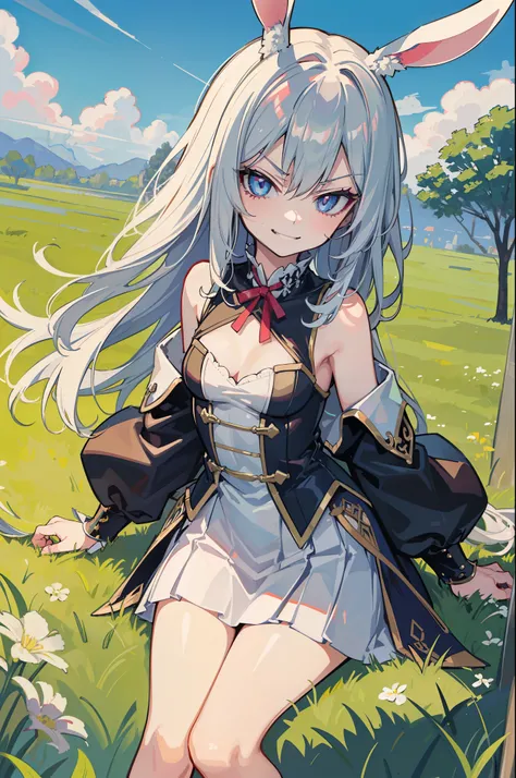 (best quality:1.2), (highest quality:1.2), (perfection:1.1), (flawless:1.1), grass field, 1girl, (drooping rabbit ears:1.1), (seductive look:1.1), (evil smirk:1.2), (loli:1.1), mediaeval style clothing, (amazing hair:1.1), small breasts, (best quality eyes...