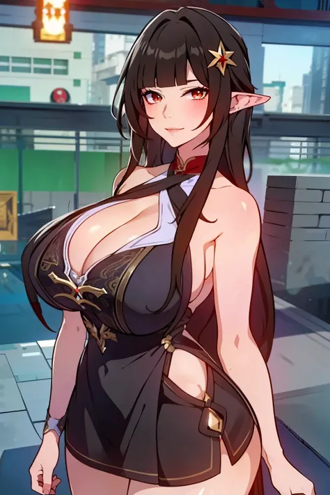 An anime-style artwork depicting lingsha from the game star rail

Tags: lingsha(honkai star rail), black hair, blunt bangs, long hair, 1girl, short dress, ,hair ornament,anime, detailed eyes, detailed lips, , smiling expression, intense gaze, dynamic pose,...