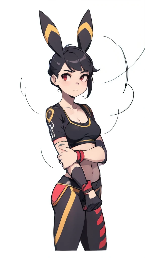 a muscular girl with black hair, umbreon ears, red eyes, wearing a black leather jacket open over a pink sports bra, black micro...