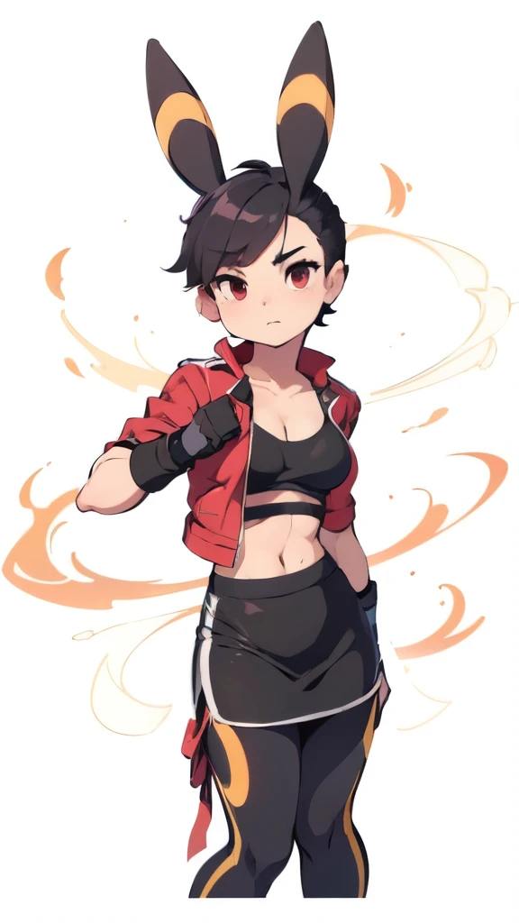 a muscular girl with black hair, umbreon ears, red eyes, wearing a black leather jacket open over a pink sports bra, black micro...