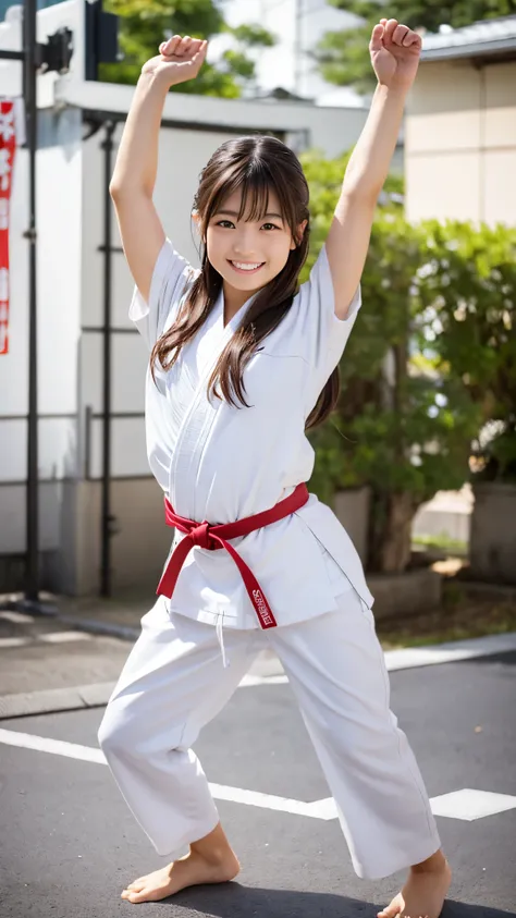 Ultra-realistic photos, Beautiful young Japanese woman, Charming smile, Accurate facial depiction, Accurate depiction of arms and legs, Dark brown hair, Beautiful Skin, Full body image, barefoot, White karate uniform, White karate pants, Tokyo