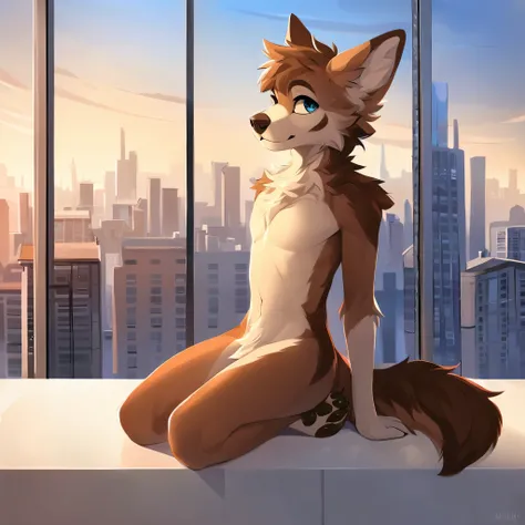 Solo, male, furry art, fursona, ((canine)), (((brown primary fur))), white secondary, (perky ears), city background, amazing art, masterfully executed, beautiful background, normal body, paws.