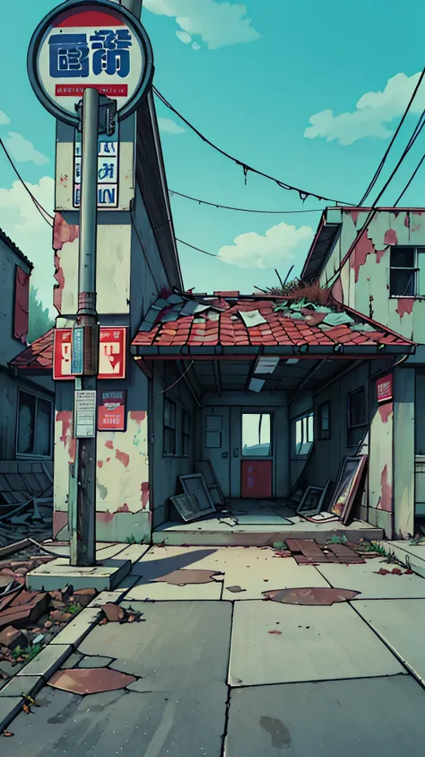 Create a detailed anime-style image of an abandoned gas station as the focal point. The scene should emphasize the desolation of the gas station with a focus on its dilapidated structures. Feature rusted and neglected fuel pumps, a crumbling convenience st...