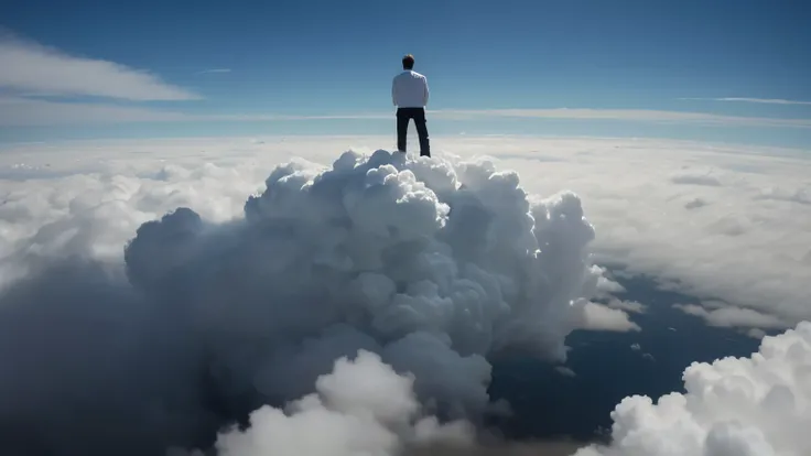 D_Clark, a portrait of a man floating on a cloud in the sky, looking down at the earth, he wears white clothes, the perspective of the view is half profile, giving a panoramic view of the man in his contemplation.