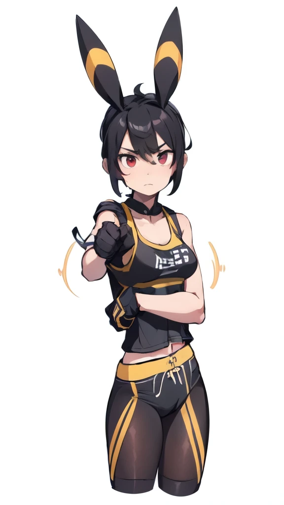 A muscular young woman with jet-black hair styled in a pixie cut, sporting sharp, umbreon-like ears and piercing red eyes. She wears an open black leather jacket over a vibrant pink sports bra, showcasing her toned figure with a slim waist and small breast...