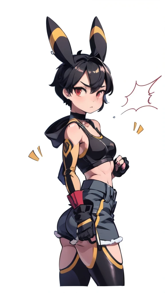 A muscular young woman with jet-black hair styled in a pixie cut, sporting sharp, umbreon-like ears and piercing red eyes. She wears an open black leather jacket over a vibrant pink sports bra, showcasing her toned figure with a slim waist and small breast...