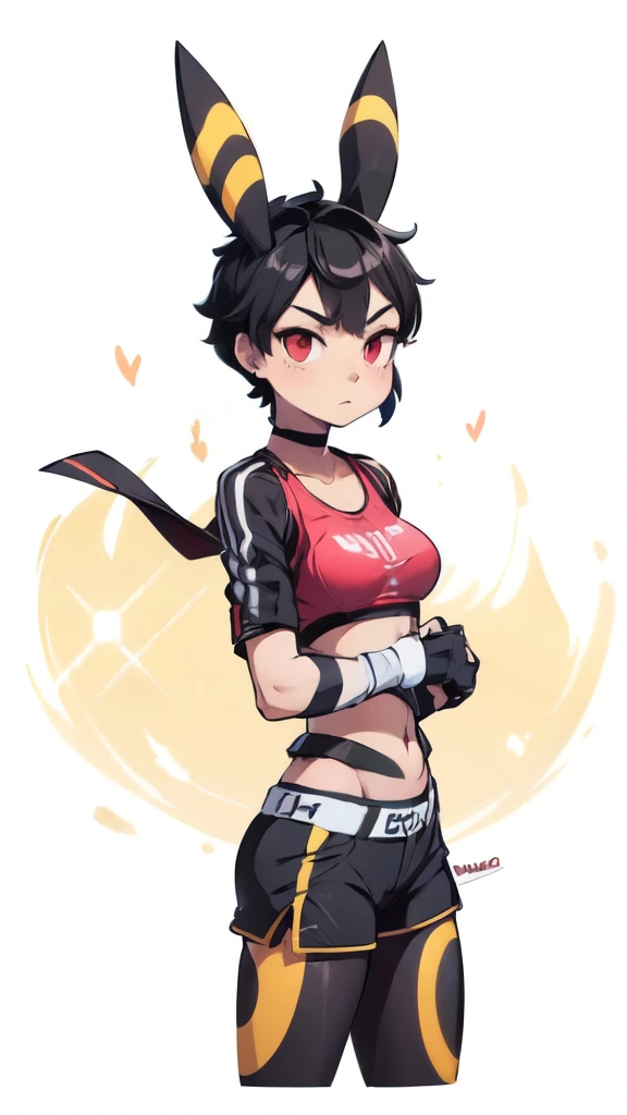 a muscular young woman with jet-black hair styled in a pixie cut, sporting sharp, umbreon-like ears and piercing red eyes. she w...