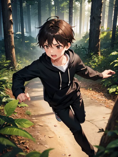 1 boy,Running in the forest, screaming, expressions of fear,,,, night,brown hair,brown eyes, Black hoodie, black pants,,half body photo,Carry a black backpack