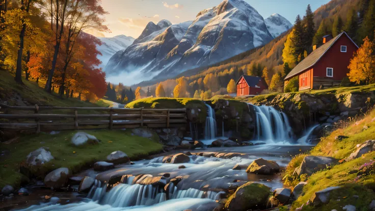 painting of a mountain scene with a stream and a red barn, by Franz Hegi, stefan koidl inspired, mountain valley, in a mountain valley, 8K HD Detailed Oil Painting, beautiful matte oil painting, village hidden in the forest, by Adolf Born, detailed paintin...