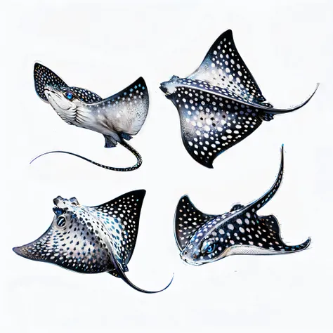 A highly detailed digital illustration of a stylized stingray dominates the composition, placed against a solid dark navy blue background. The stingray is positioned centrally, view from a side angle slightly turned to the left, displaying its diamond-shap...