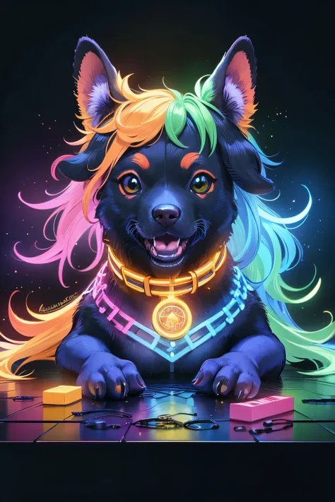 (((Highest quality)), ((masterpiece)), (detailed),

Rainbow-colored gaming dog icon pop on a solid black background