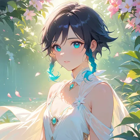 (best quality,4k,8k,highres,masterpiece:1.2),1boy,venti,genshin impact,black hair,ultra-detailed,(realistic:0.25),wearing simple white twist greek gown,morning of spring,sunlight reflection,intricate details,delicate,pastel color palette,elegant curves,eff...