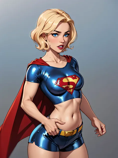 Girl with short blonde hair, blue eyes, wearing a blue latex shirt showing her belly, Superman symbol on her chest, wearing blue latex shorts, wearing a belt and red cape