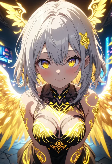 Masterpiece, highest quality, highly detailed CG Unity 8K wallpaper, one girl, anime screenshots, neon tattoos all over the body, big wings with neon light, the best smile, depth of field, white hair, yellow eyes, fisheye lens