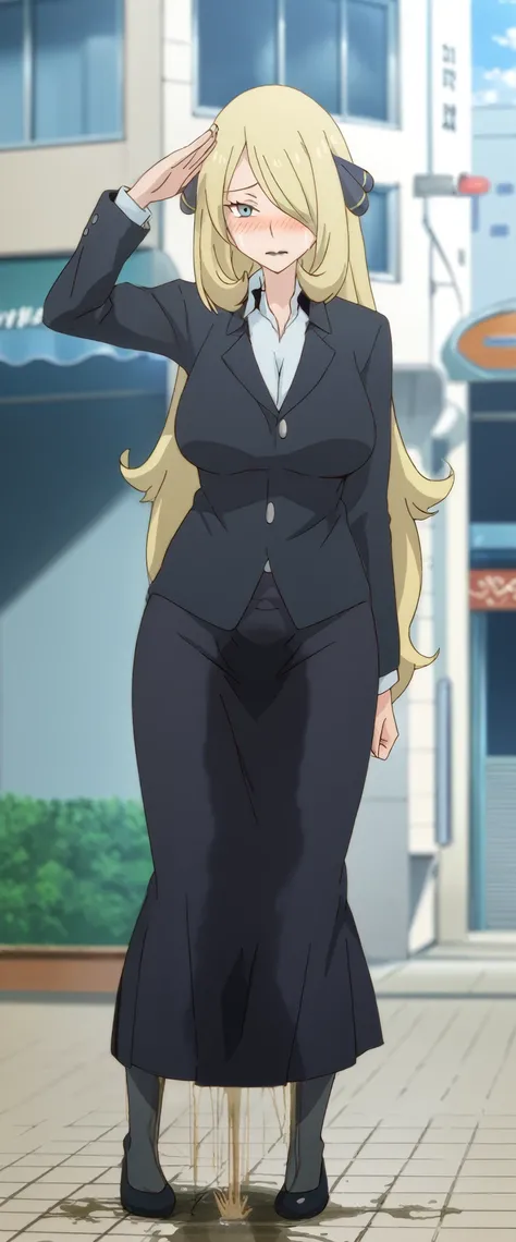 (high quality,Very detailed:1.37, High resolution), 2d, anime, anime style, anime source, Woman, Cynthia (Pokemon), business suit, necktie, (long skirt:1.25), (pencil skirt:1.5), pantyhose, huge breasts, cleavage, looking at viewer, masterpiece, best quali...