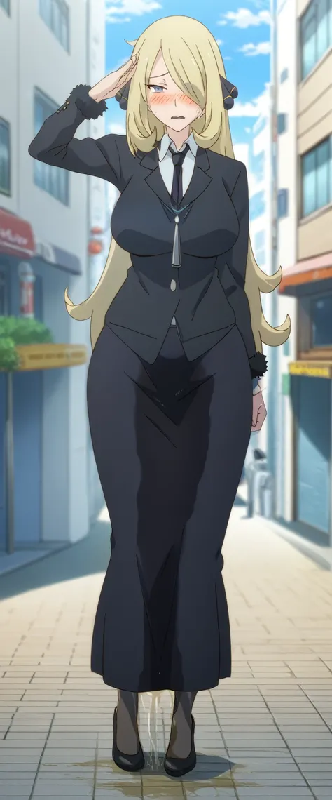 (high quality,Very detailed:1.37, High resolution), 2d, anime, anime style, anime source, Woman, Cynthia (Pokemon), business suit, necktie, (long skirt:1.25), (pencil skirt:1.5), pantyhose, huge breasts, cleavage, looking at viewer, masterpiece, best quali...
