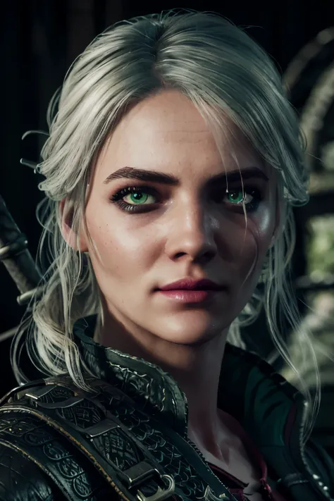 a freya allan, (((green intense eyes))), ciri the witcher 3, half portrait, hands back, in the witcher 3, (((skinny and fit body...