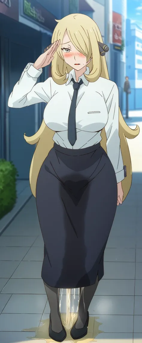 (high quality,Very detailed:1.37, High resolution), 2d, anime, anime style, anime source, Woman, Cynthia (Pokemon), business suit, necktie, (long skirt:1.25), (pencil skirt:1.5), pantyhose, huge breasts, cleavage, looking at viewer, masterpiece, best quali...
