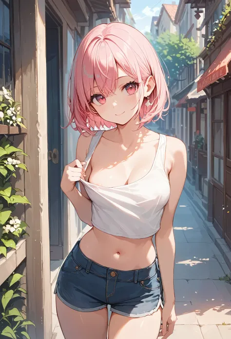 score_9, score_8_up, score_7_up,source_anime, high res image,masterpiece,best quality,girl,cute face,clear skin,nipple_slip,pink_hair,tanktop,