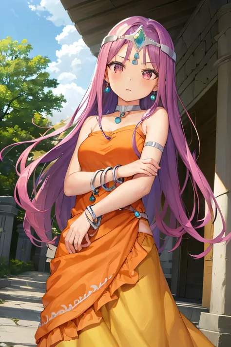 (Highest quality:1.2), Alone、dqMinea, circlet, earrings, choker, bracelet, Orange dress、(blush:1.1), Embarrassing, View your viewers、((Photo from below))、