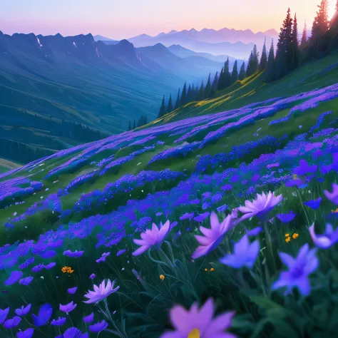 there are many purple flowers growing out of the rocks, blue flowers bloomed all over, flowers with very long petals, mountainous area. rare flora, garis edelweiss, alien flora, chromostereopsis, mediumslateblue flowers, staggering in its beauty, glowing b...