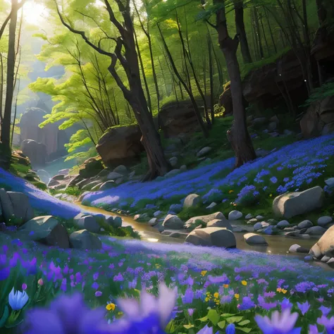 Cluster of delicate blue flowers in full bloom amidst rocky terrain, each petal adorned with a soft gradient of light purple to deep indigo. The natural setting is enriched by large rocks and a lush backdrop of green foliage and trees. The overcast sky cas...