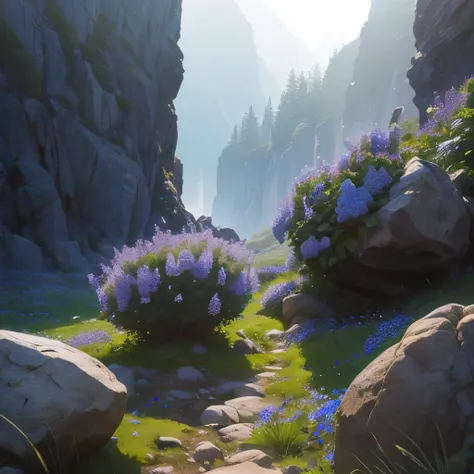 Cluster of delicate blue flowers in full bloom amidst rocky terrain, each petal adorned with a soft gradient of light purple to deep indigo. The natural setting is enriched by large rocks and a lush backdrop of green foliage and trees. The overcast sky cas...