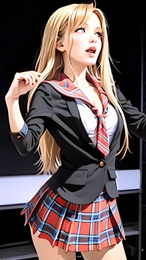 Blonde long-haired schoolgirl、black eye、live、Tight sailor suit、blazer、jacket、karaoke、Dancing with excitement