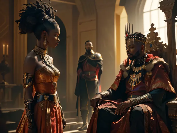 there are two people one is sitting on a throne in a room, red magic surrounds her, 8 k movie still, wakanda, movie still 8 k, still from a live action movie, queen and ruler of the universe, by Scott M. Fischer, celebrating a king being crowned, undergrou...