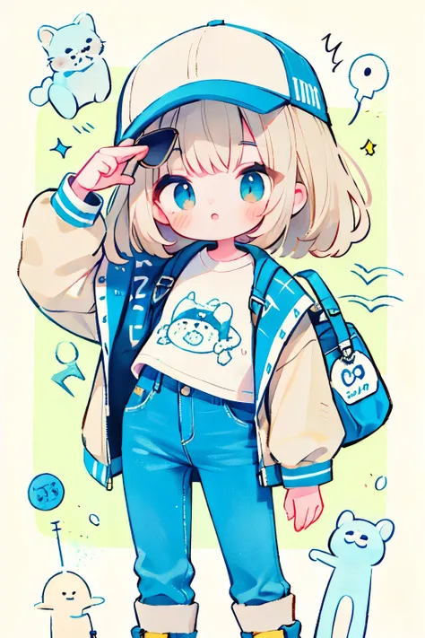 masterpiece, best quality cute doodle, 1girl, masterpiece,(bestquality),highlydetailed,ultra-detailed,girl in casual style,loose white T-shirt,layered with a beige short jacket,deep blue jeans,white sneakers,accessories: grey baseball cap and stylish sungl...