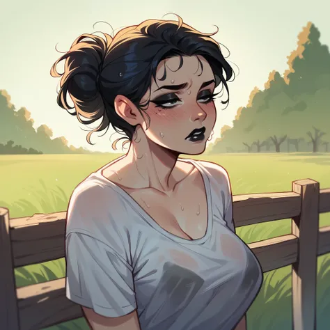 your girlfriend is in farming clothes. she has black hair, black eyeliner, and black lipstick. She is out on the farm and looks exhausted and sweaty.