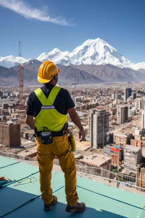 a construction worker working at heights, in the city of peace the high and in the background the illimani