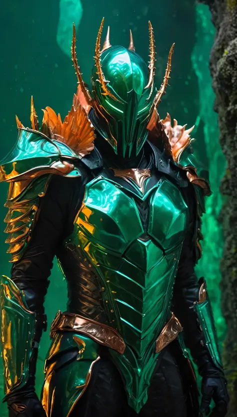 A breathtaking, cinematic science fiction portrait of the Abyssal Warden, a non-human entity shrouded in dark emerald and copper armor that glistens with a liquid metallic sheen. His face is a smooth, featureless black mask that reflects no light, giving h...