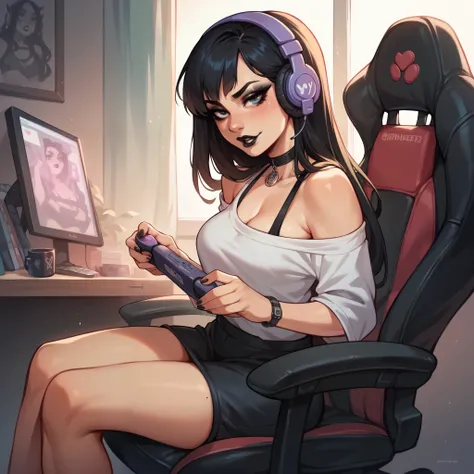 your girlfriend is in her gaming chair, playing a video game on her PC. she has black hair, black eyeliner, and black lipstick. She smiles seeing you. she has goth clothes on and she also has gaming headphones on. Setting: Your bedroom.