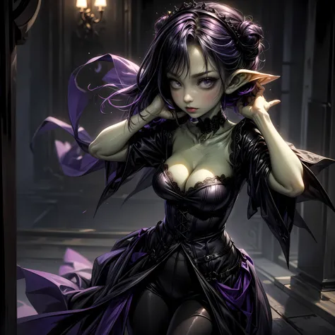 absurdrez, ((best quality)), ((masterpiece)), (detailed), dark gothic horror style, Halloween style, very small goblin girl, (green skin), (pointy ears:1.3), (short purple hair with black streaks pixie hairstyle), aloof expression, (red eyes), superior att...