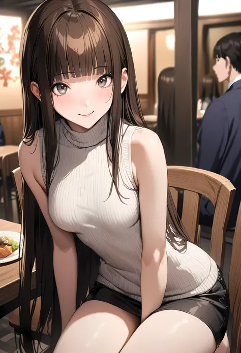 ((masterpiece,best quality anime,Highest quality:1.3)),realistic,cowboy shot,portrait,1 mature beautiful woman,solo,((very small head:1.4)),((very long body:1.4)),straight long hair,dark brown hair,bangs,(gorgeous cute eyes),gray eyes,smile,((slender body:...