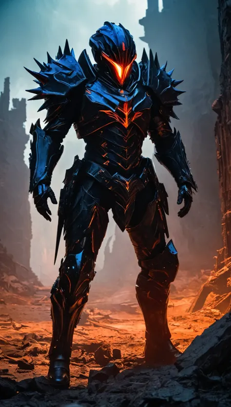 

A breathtaking, cinematic science fiction portrait of the Abyss Knight, an imposing, non-human figure clad in armor made from smooth, black obsidian-like material that absorbs all light, giving him an almost invisible, ghostly appearance. His entire body...