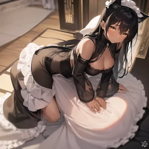 Anime-style depiction of a chocolate dark-skinned female with cat ears, dressed in a classic black and white maid outfit with delicate lace details. She has amber-colored eyes and neatly styled black hair with a small white headband. The scene is set insid...