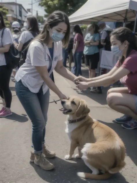 An outdoor scene of a popular vaccination campaign in Brazil, where a small puppy is being gently vaccinated by a veterinarian. The setting is lively, with people standing in line, each holding or guiding their pets, waiting for their turn. The environment...