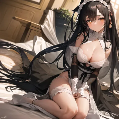 Anime-style depiction of a chocolate dark-skinned female with cat ears, dressed in a classic black and white maid outfit with delicate lace details. She has amber-colored eyes and neatly styled black hair with a small white headband. The scene is set insid...