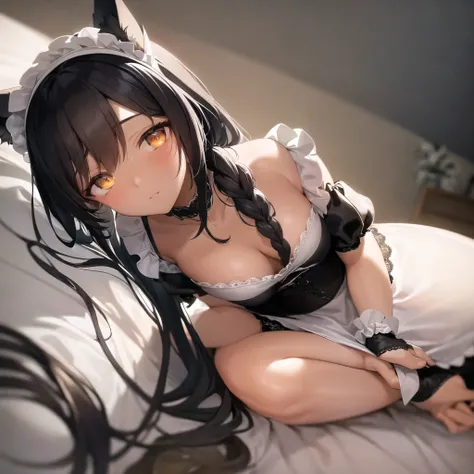 Anime-style depiction of a chocolate dark-skinned female with cat ears, dressed in a classic black and white maid outfit with delicate lace details. She has amber-colored eyes and neatly styled black hair with a small white headband. The scene is set insid...