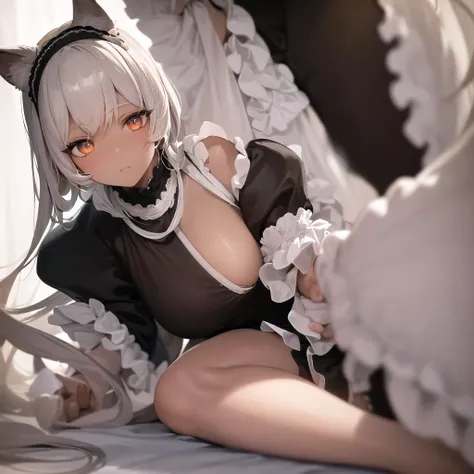 anime,chocolate dark-skinned female,cat ears wearing a maid outfit, Eye color is amber ,Background inside the mansion,The composition is stylish. A close-up, low-angle view of a young maid kneeling on the floor, looking directly into the camera with a soft...