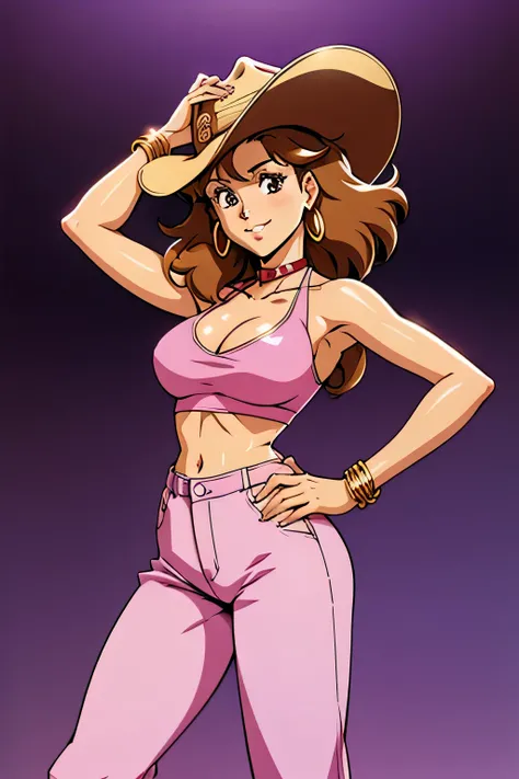 pretty girl from an 80s anime, 80s anime fog, static like from an 80s anime, 1980s (style), straight hair, medium hair, smiling, dancing, action anime, arms out, cowboy hat, COWGIRL hat, disco outfit, flowing loose pants, brown pants, halter top collar, cl...