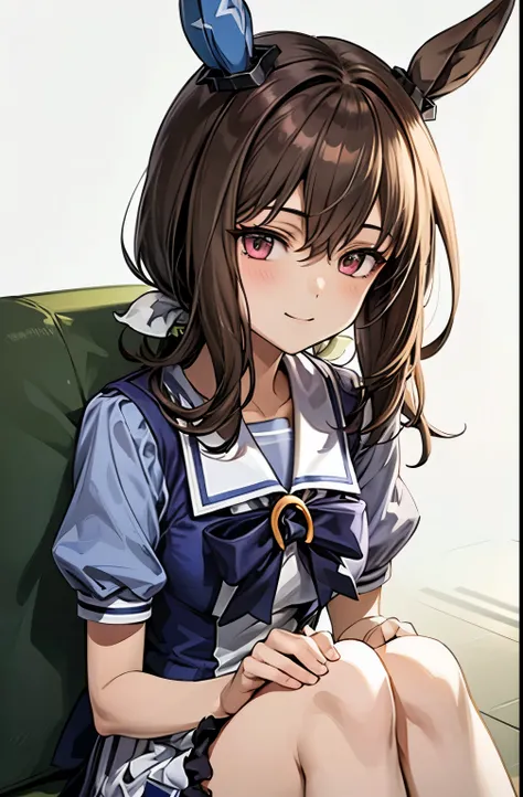admire vega (umamusume), 1 girl, Solo, Best Quality, masterpiece, 8K, High resolution, Ultra-detailed, madeon, light smile, gentle smile, sitting on the floor, summer uniform, simple background,