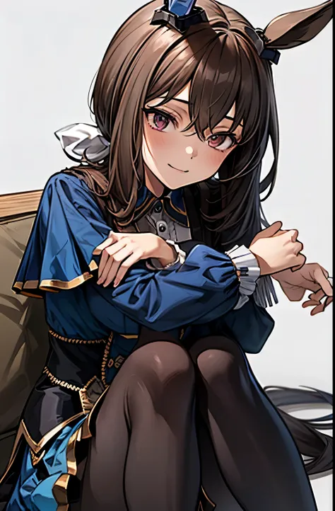 admire vega (umamusume), 1 girl, Solo, Best Quality, masterpiece, 8K, High resolution, Ultra-detailed, madeon, light smile, gentle smile, sitting on the floor, black pantyhose, simple background,