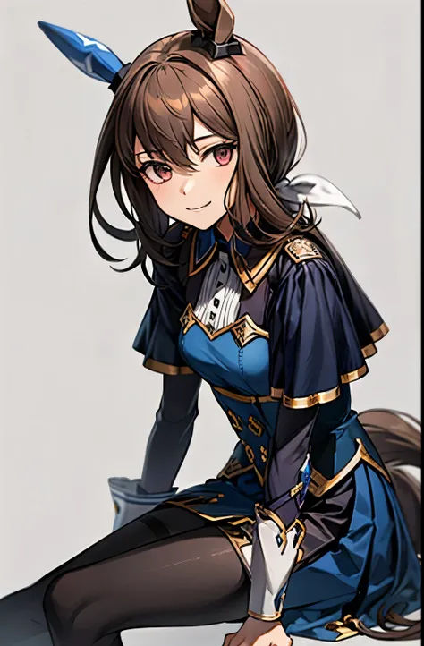 admire vega (umamusume), 1 girl, Solo, Best Quality, masterpiece, 8K, High resolution, Ultra-detailed, madeon, light smile, gentle smile, sitting on the floor, black pantyhose, simple background,